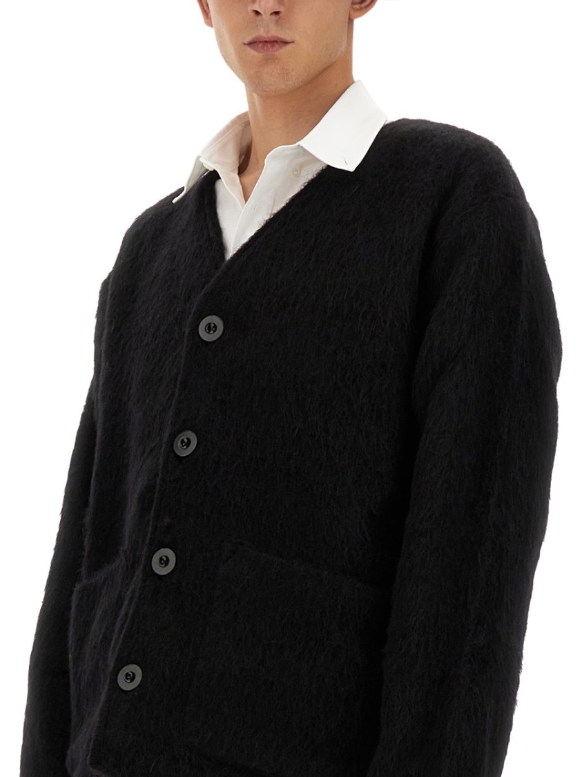 Our Legacy Textured V-neck Cardigan With Button-down Front In Black