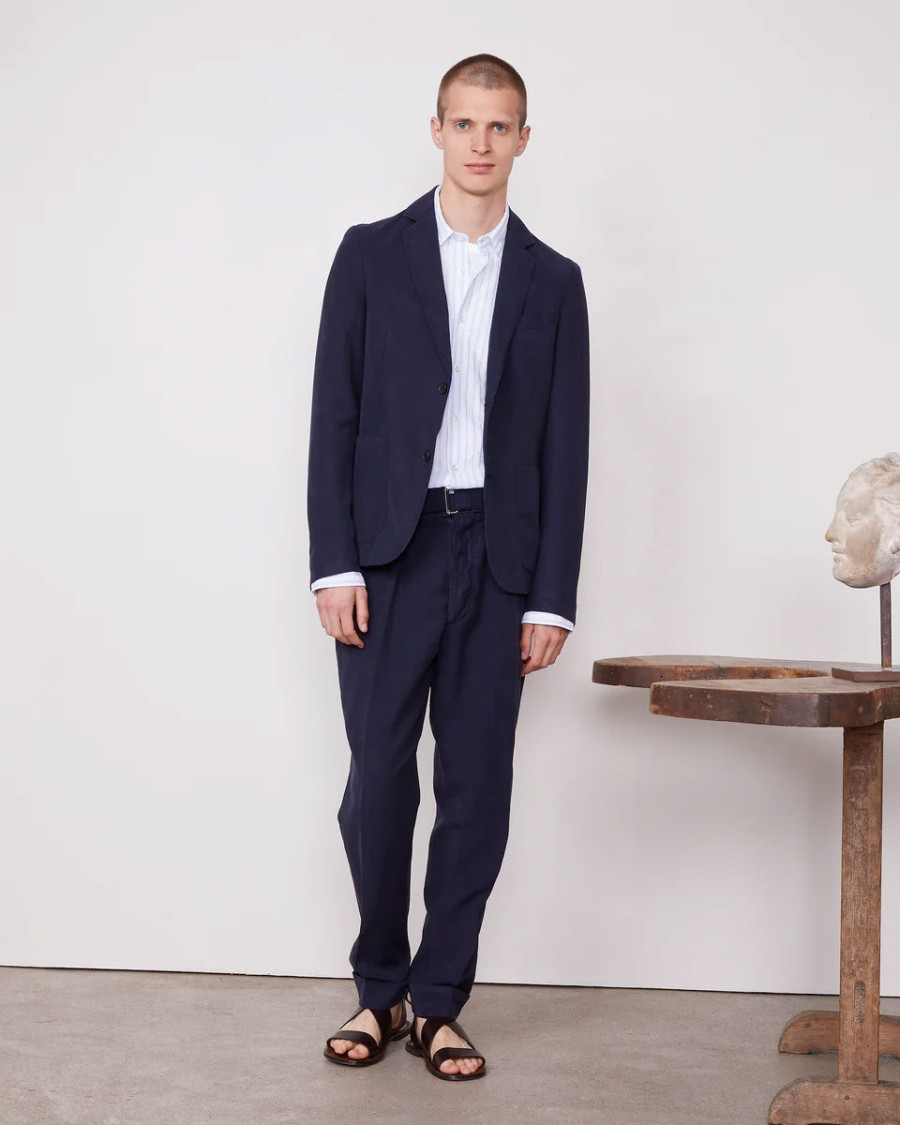 Officine Generale Tapered Blue Pants With Pleated Front In Blue