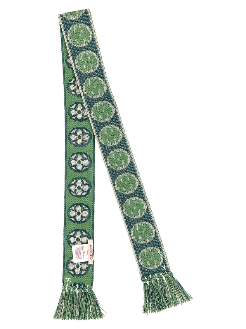 Valentino 'antibes' Scarf With Fringe Detailing And Geometric Pattern In Green