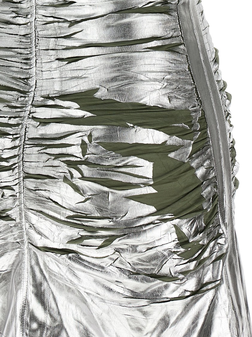 Diesel Shimmering Metallic Ruched V-neck Dress In Silver