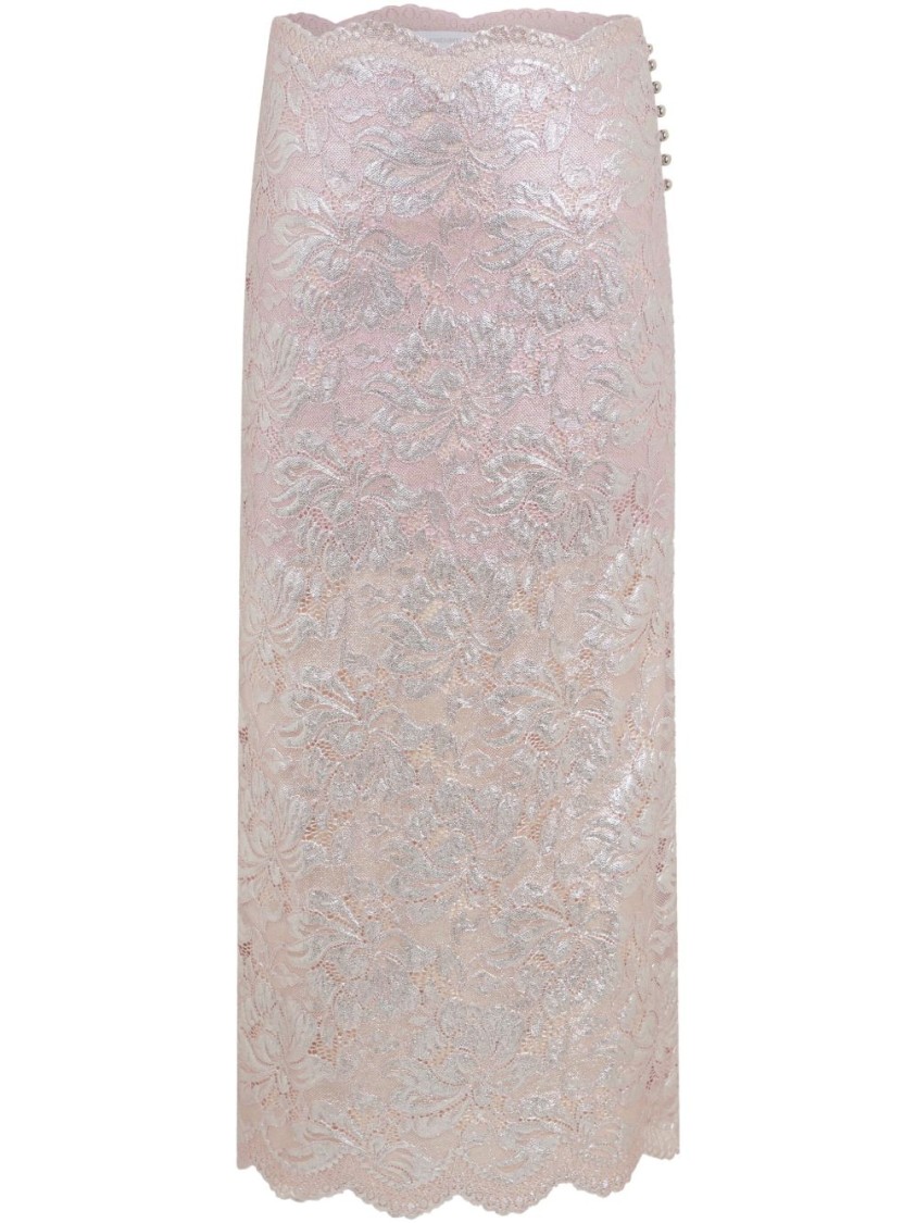 Shop Rabanne Floral Lace Skirt With Shimmering Silver Overlay
