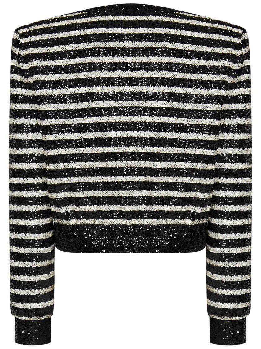 Shop Balmain Cropped Black And White Striped Jacket With Sequins And Metal Buttons