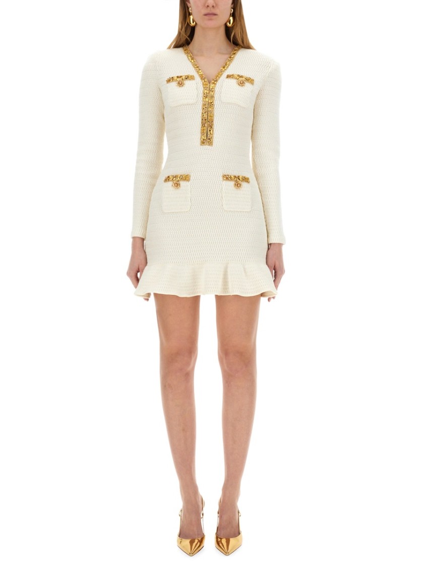 Self-portrait Cream Knit Lurex Trim Mini Dress In Neutrals