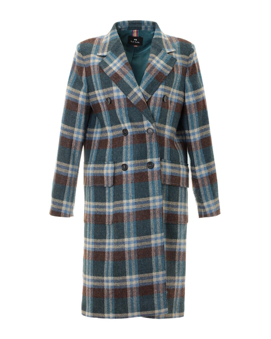 Paul Smith Double-breasted Green Check Pattern Long Coat In Gray