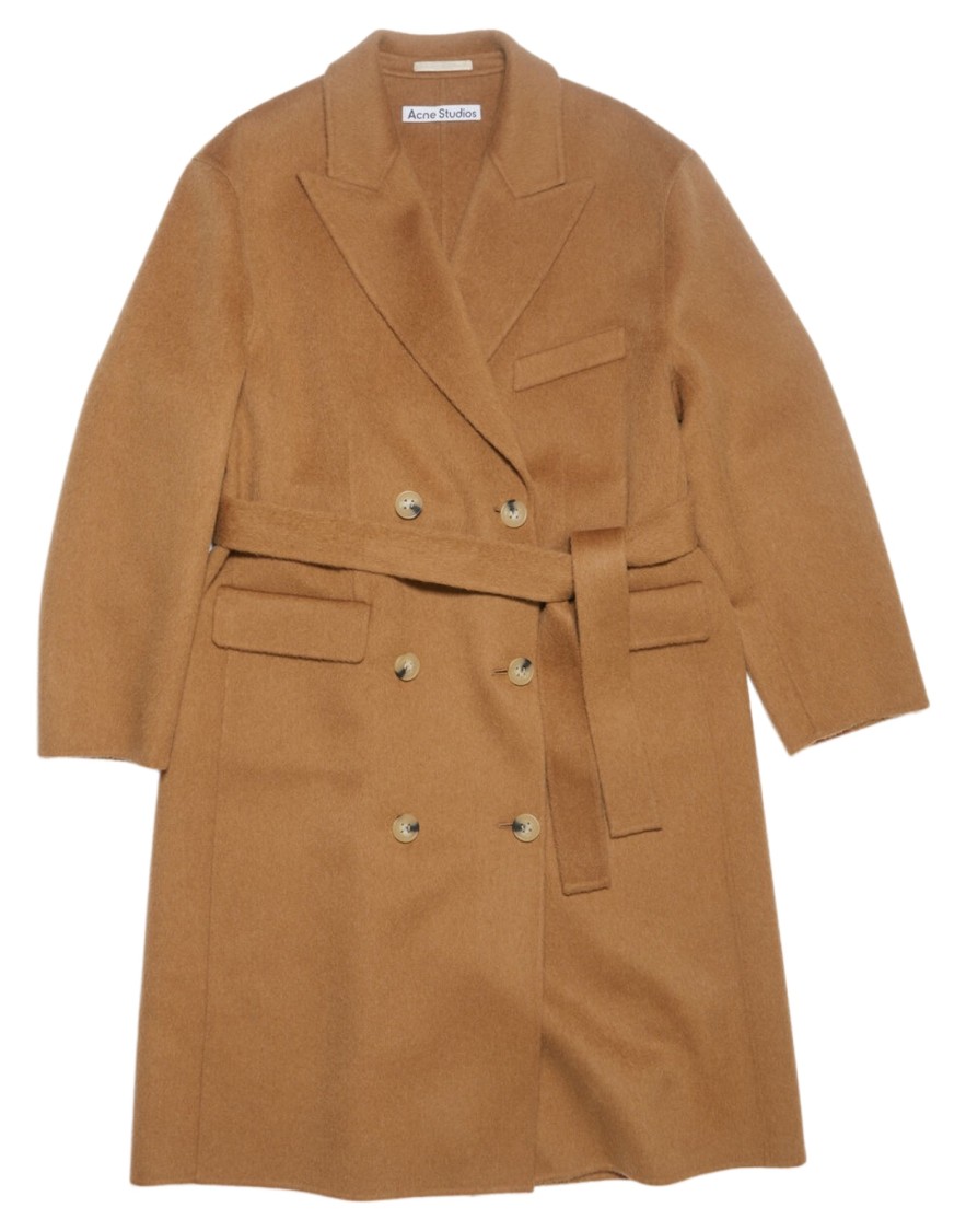 Acne Studios Double-breasted Camel Coat With Belted Waist In Brown