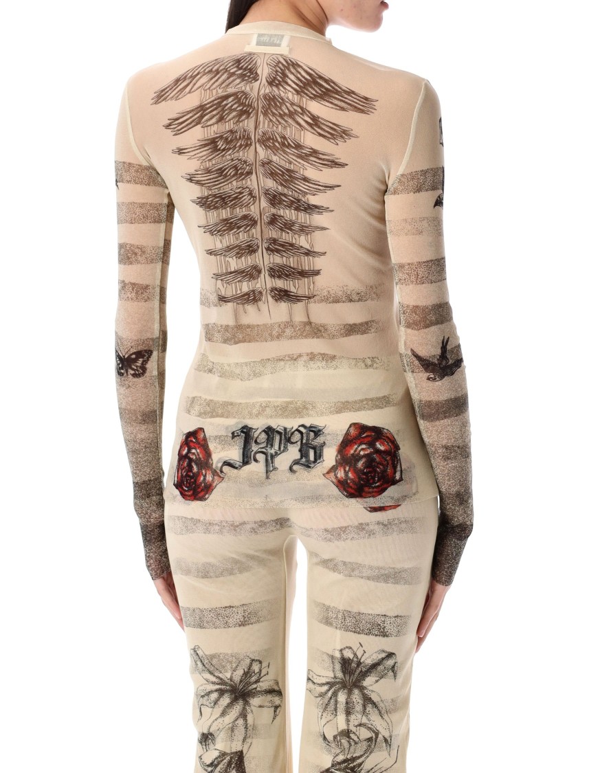 Jean Paul Gaultier Mesh Ls Sleeve Tatoo Marinier Top In Neutrals