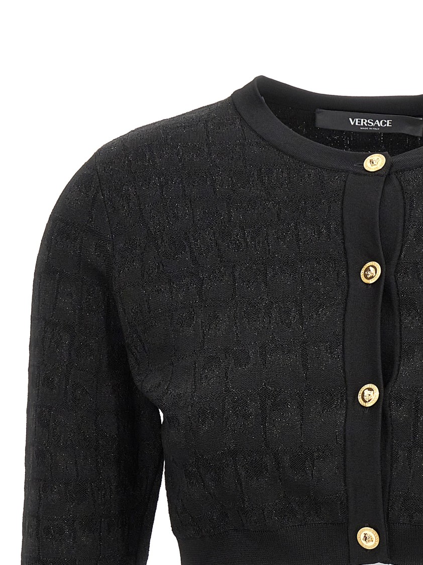 Versace Crocodile Jacquard Knit Cardigan With Gold Buttons In Black