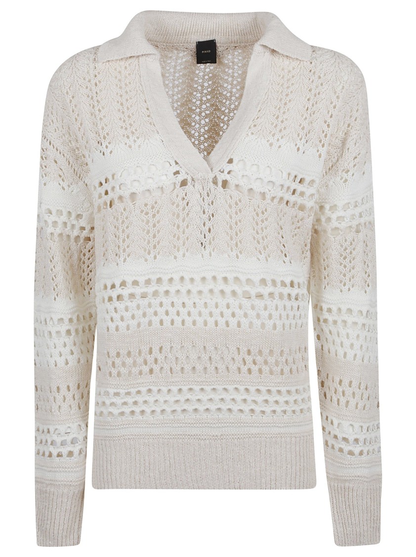 Pinko Textured Knit White Sweater With Stylish Collar In Neutrals