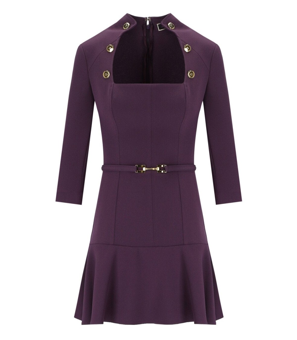 Elisabetta Franchi High-collar Purple Dress With Gold Logo Buttons And Flounce Detail In Purple