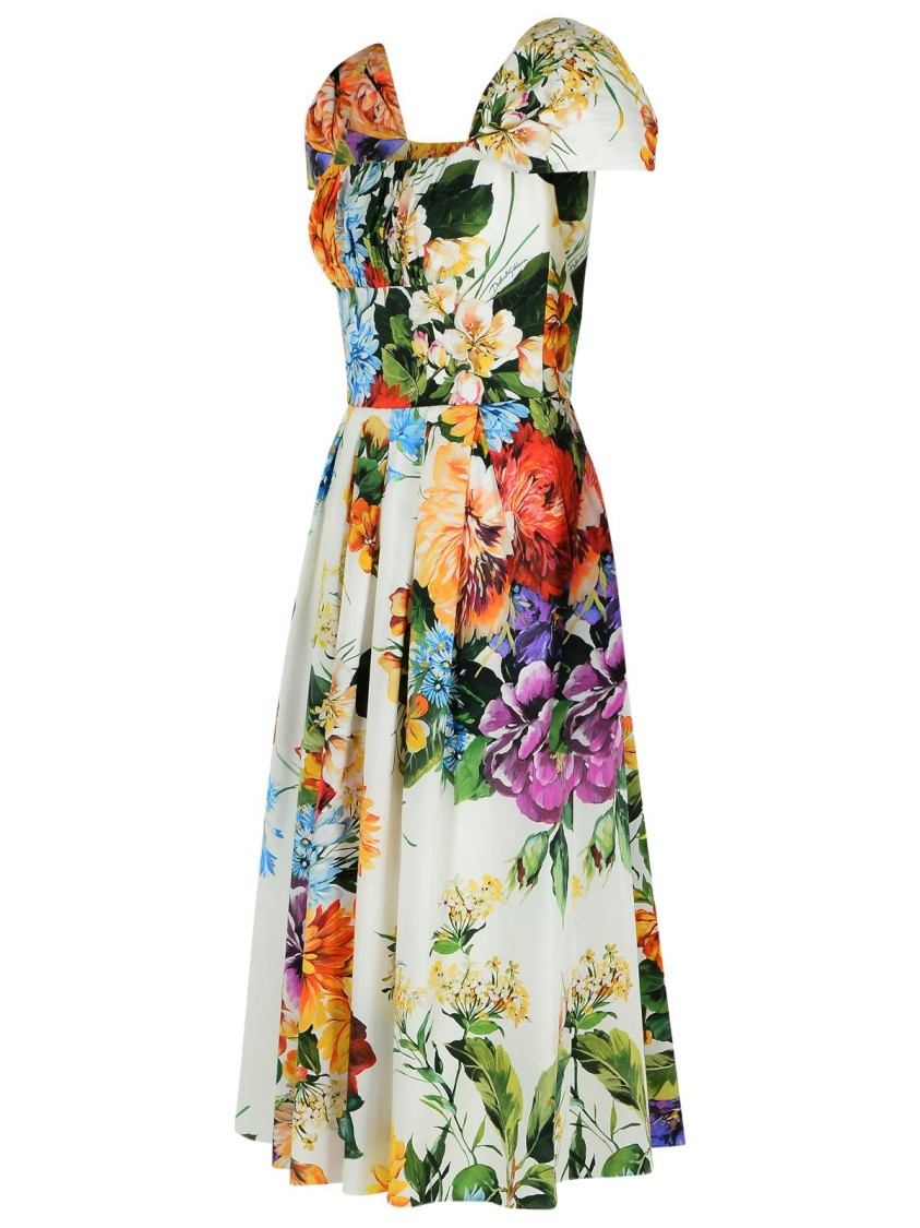 Dolce & Gabbana Floral Bouquet Popeline Cap-sleeve Pleated Dress In Multi
