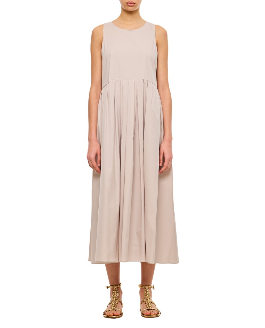 Max Mara Ecru Cotton Poplin Maxi Dress With Pleated Skirt In Neutrals