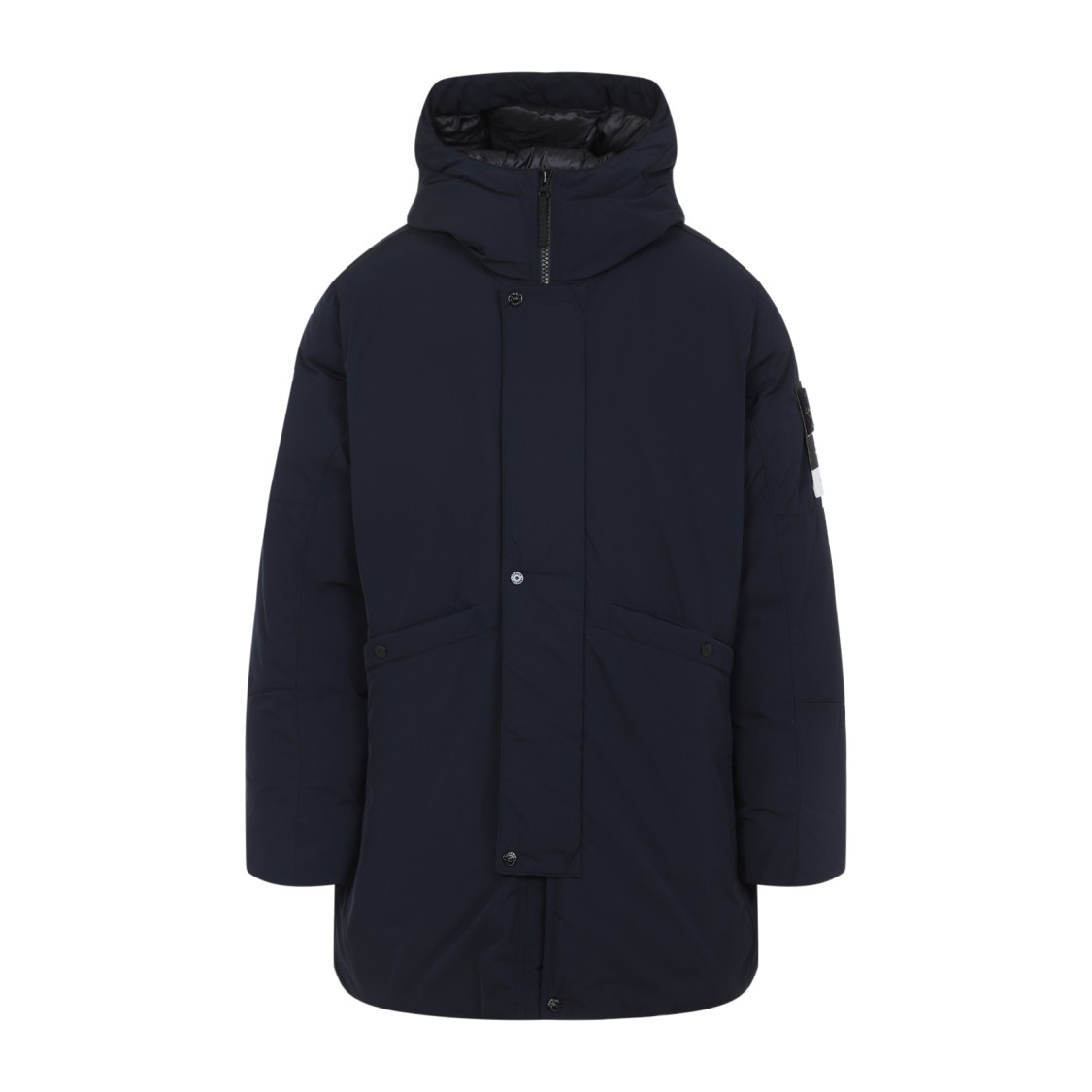 Stone Island Black Hooded Coat With Relaxed Silhouette In Blue