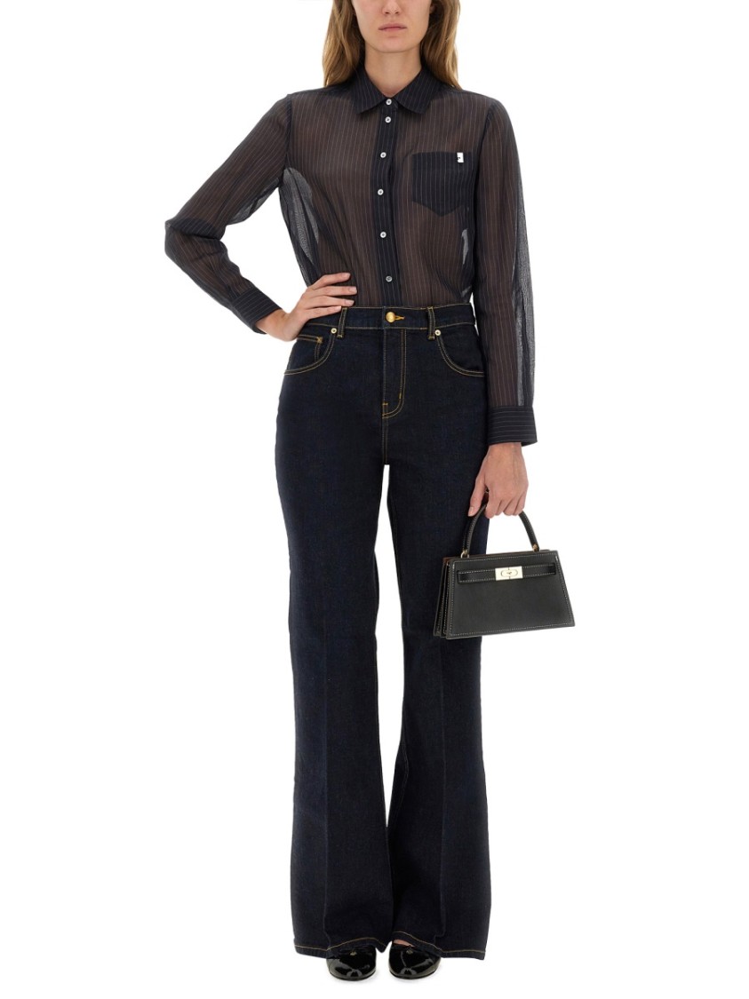 Tory Burch Vertical Stripe Cotton Shirt With Classic Collar And Chest Pocket In Black