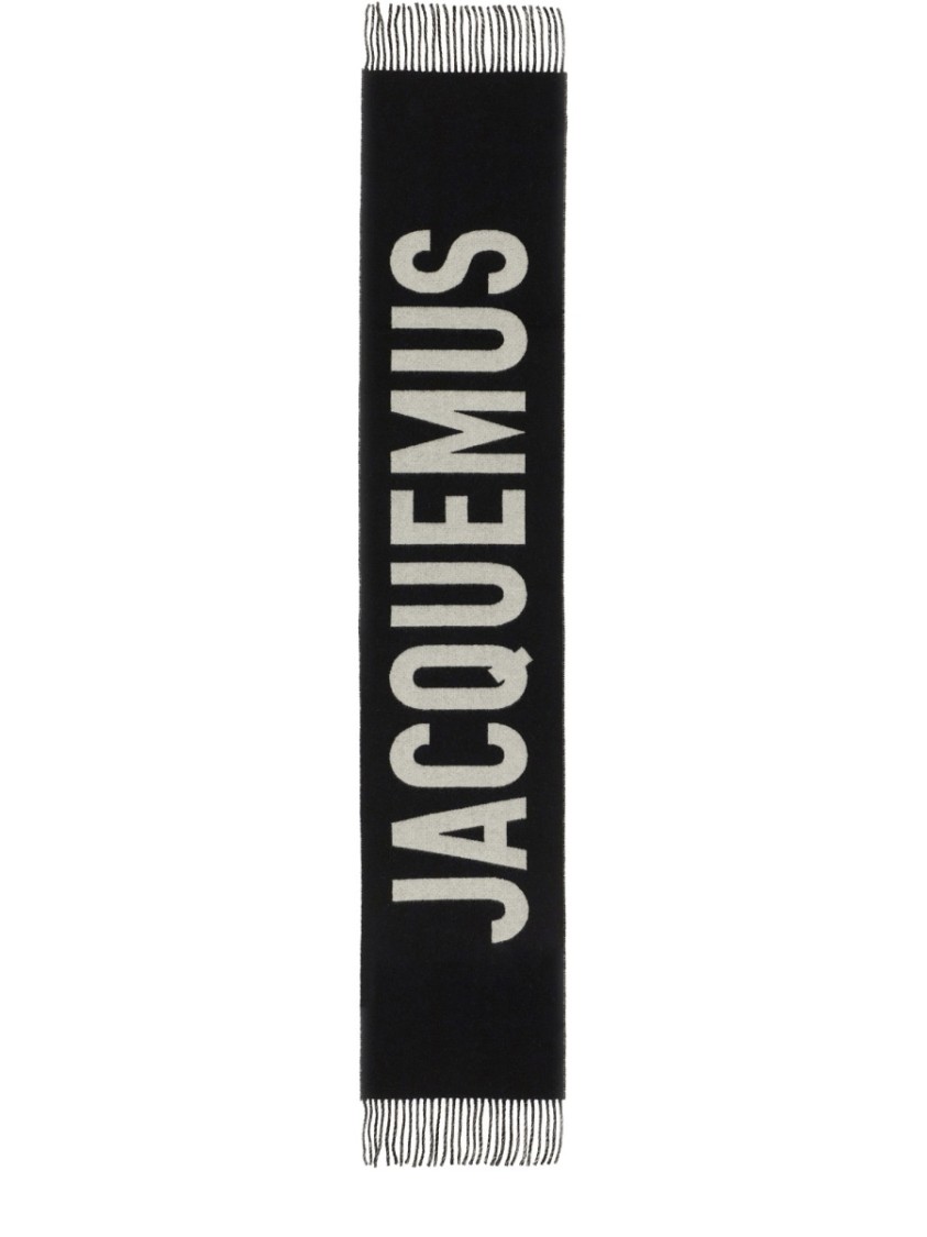 Jacquemus Long Rectangular Wool Scarf With Logo In Black