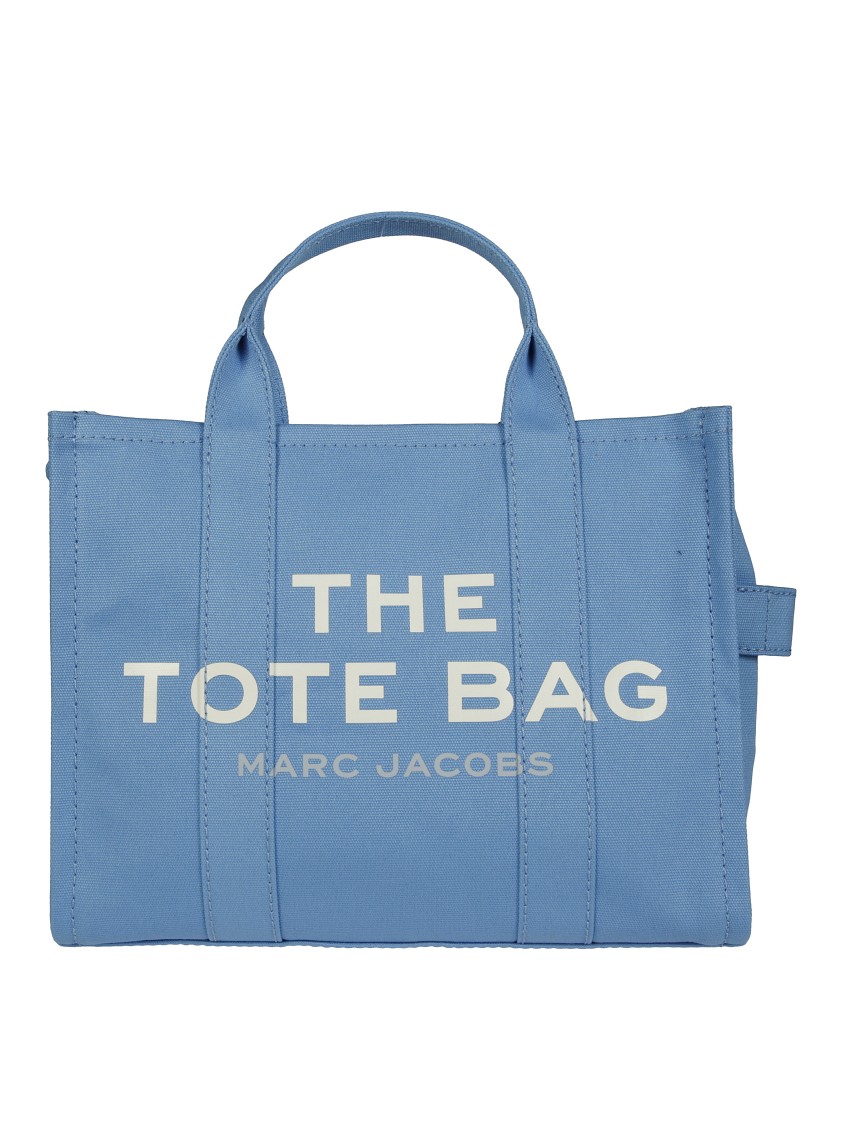Marc Jacobs Structured Beige Cotton Tote With Contrasting Logo Print In Blue