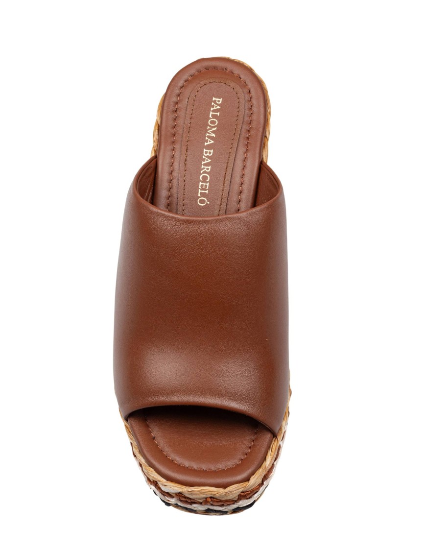 Paloma Barceló Paloma Oriane Leather Sandal With Raffia Wedge In Brown