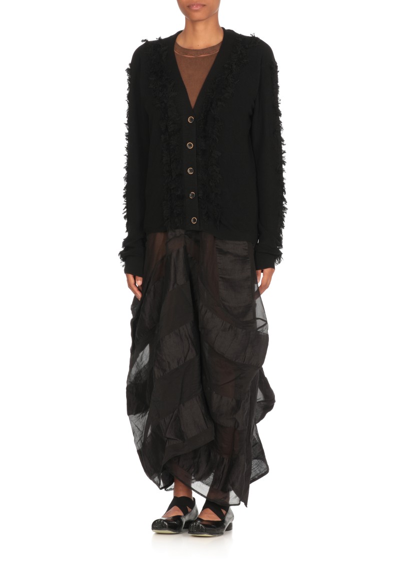 Uma Wang Textured Black Cotton Cardigan With Fringed Details In Black