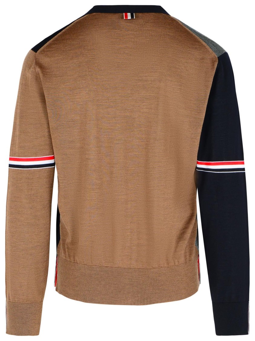 Thom Browne Navy/grey/brown Wool Cardigan In Black