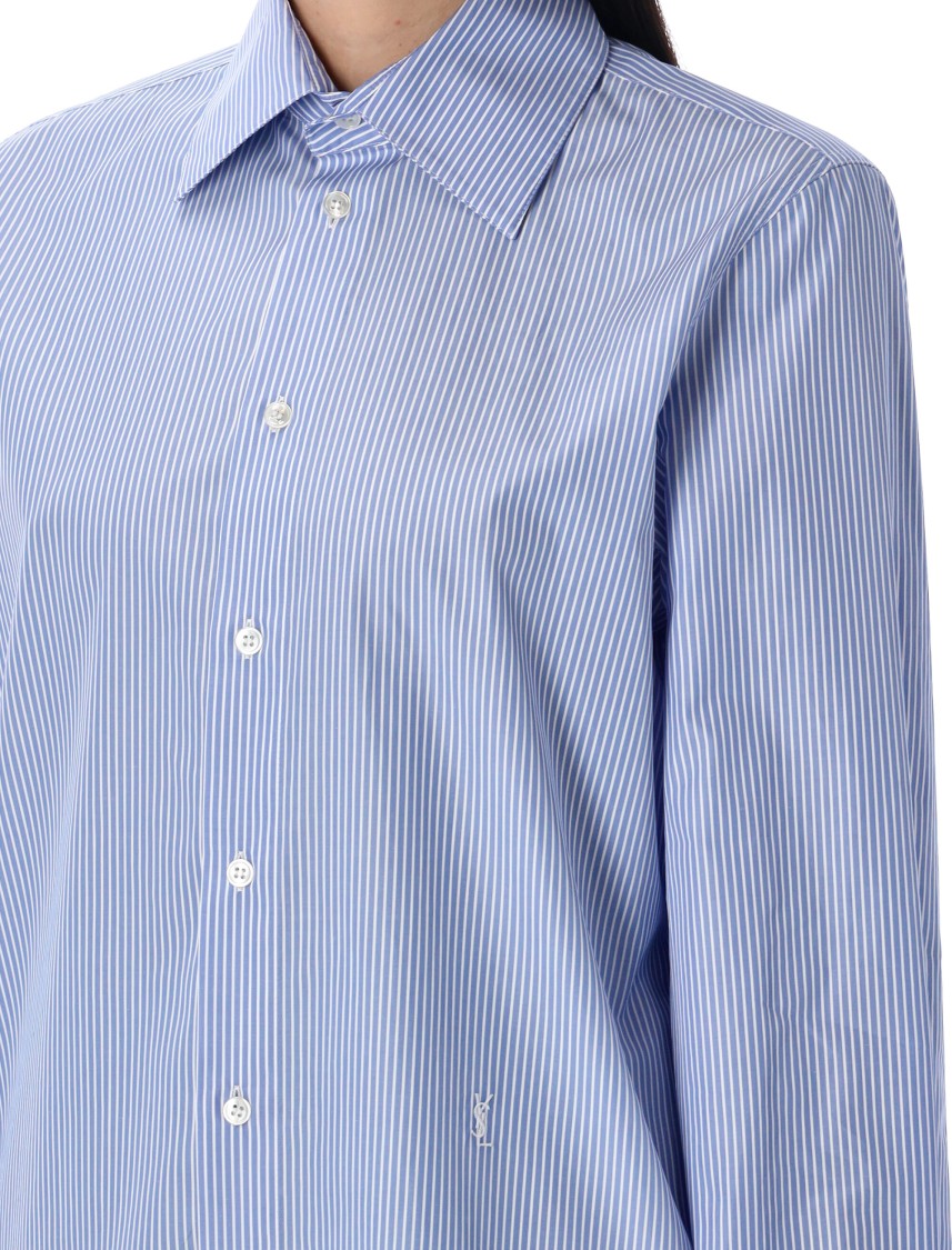 Saint Laurent Cassandre Striped Long-sleeved Shirt In Blue