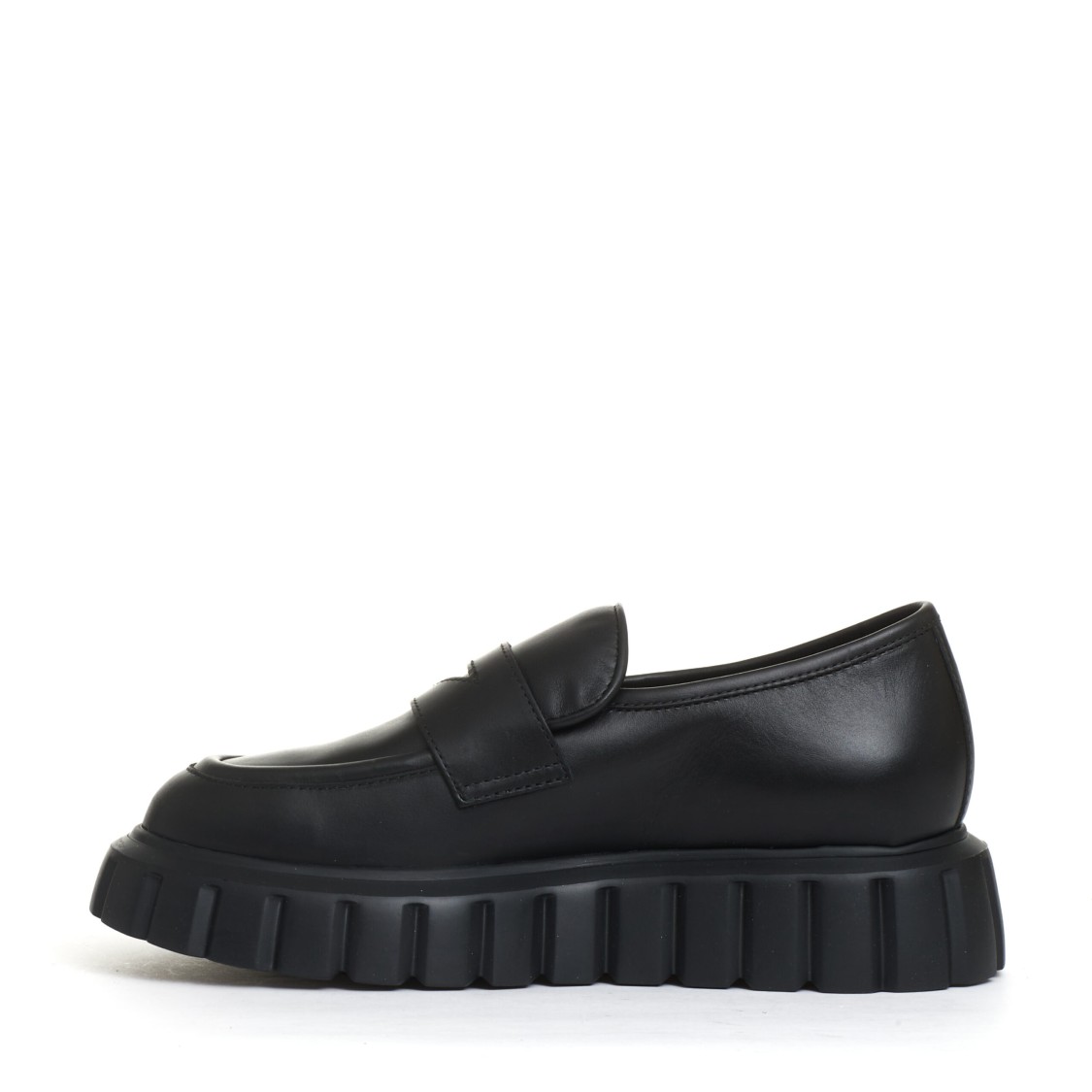 Shop Voile Blanche Black Leather Loafer With Striped Rubber Sole