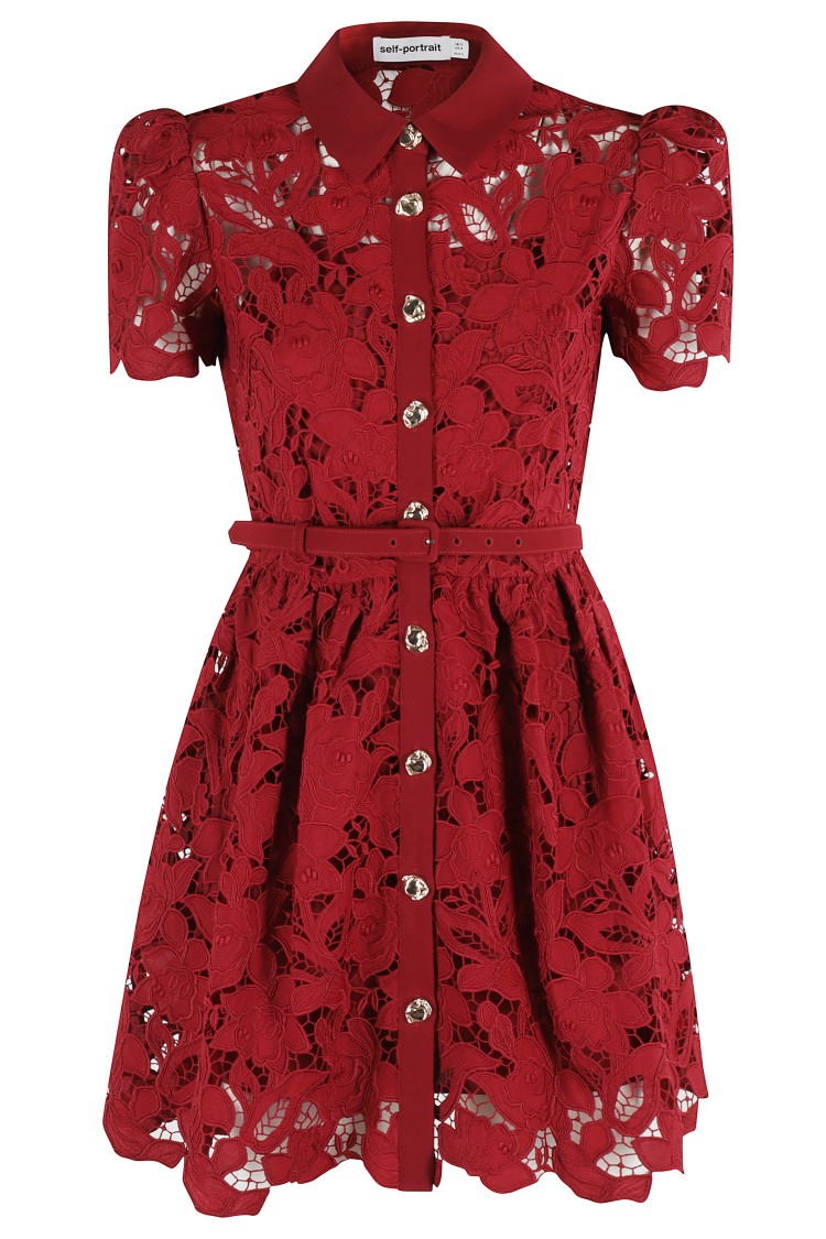 Self-portrait Womens Embroidered Collared Lace Mini Dress Burgundy