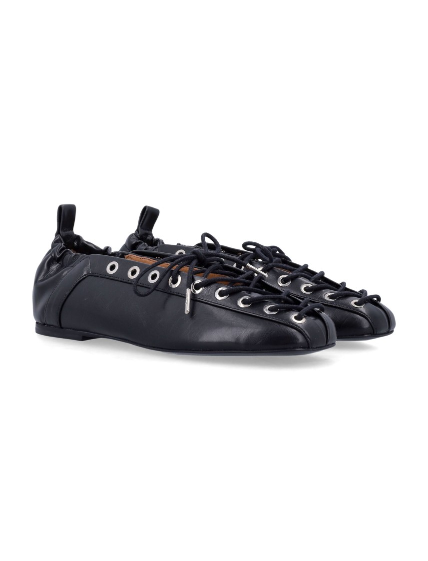 Ganni Black Lace-up Ballerinas With Metal Eyelets And Elasticized Ankle In Eco-leather Woman In Black