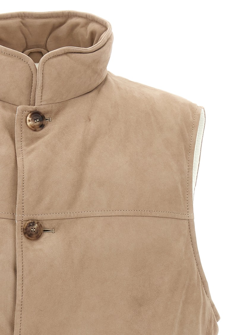 Brunello Cucinelli Suede Vest With Goose Down Padding In Brown