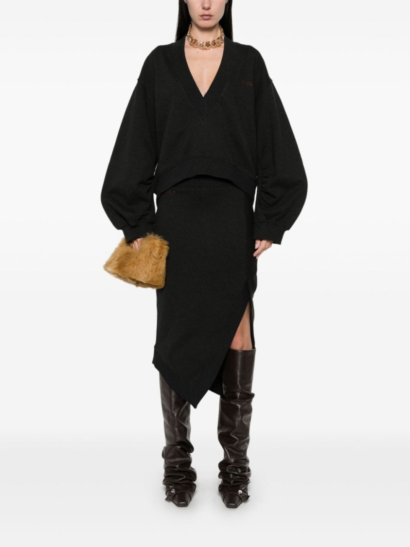 Attico Ribbed Waist Midi Skirt With Side Slit In Black