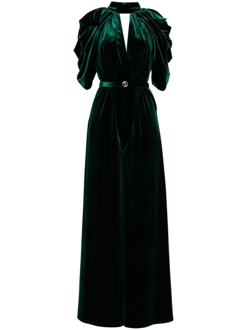 Saiid Kobeisy Jet Black Velvet Jumpsuit In Green