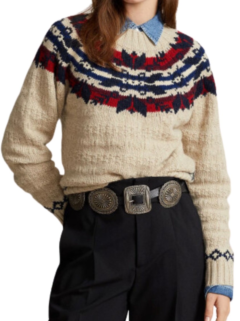 Polo Ralph Lauren Thick Knit Multicolour Sweatshirt With High Collar And Jacquard Patterns In Neutral