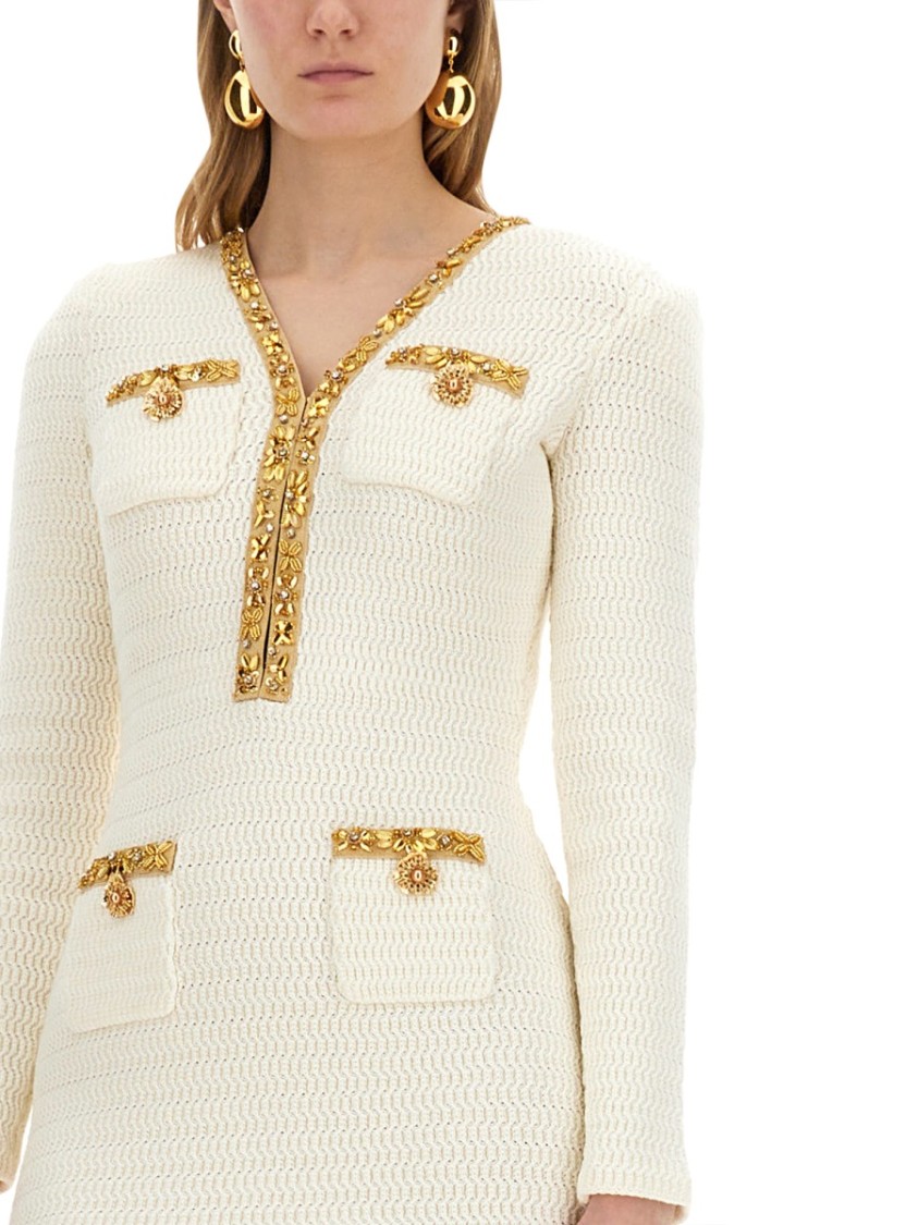 Self-portrait Cream Knit Lurex Trim Mini Dress In Neutrals