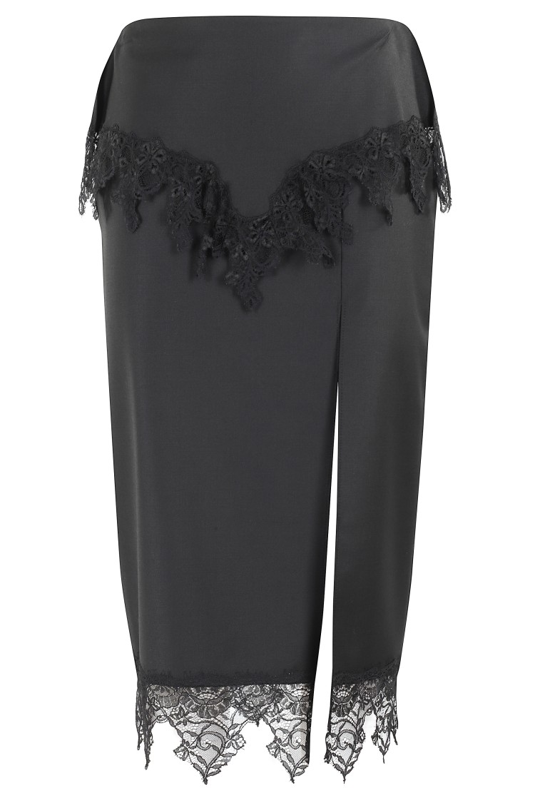 Blumarine Chiffon Midi Skirt With Scalloped Lace Appliqué In Black