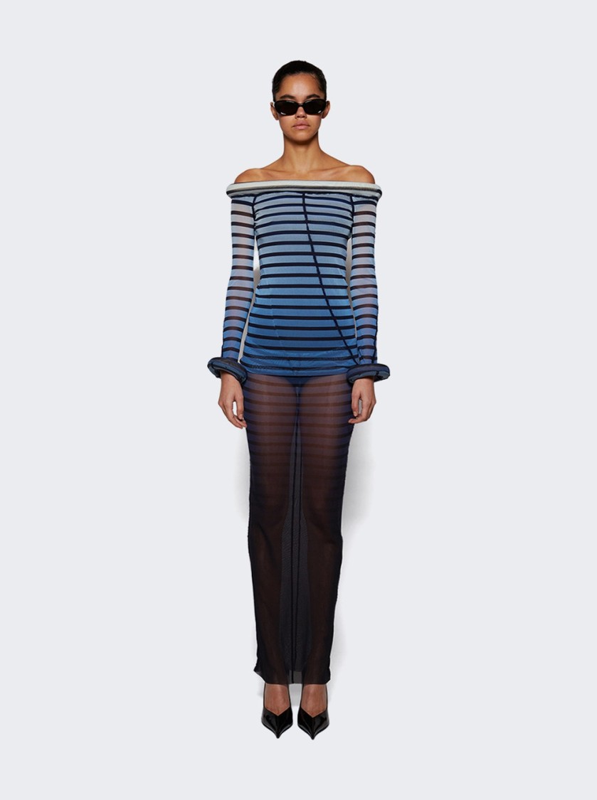 Jean Paul Gaultier Elegant Mesh Boat Neck Long Dress With 3d Collar And Cuff In Multicolor