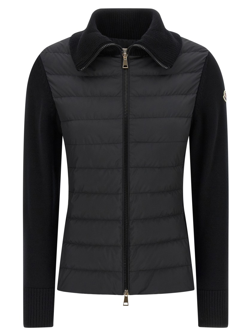 Moncler Two-material Cardigan With Goose Down Padding And High Neck In Black