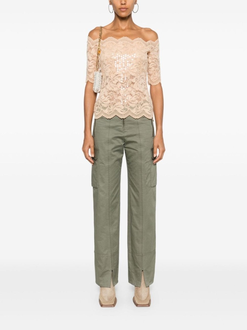 Shop Rabanne Lace-detail Off-shoulder Top In Neutrals