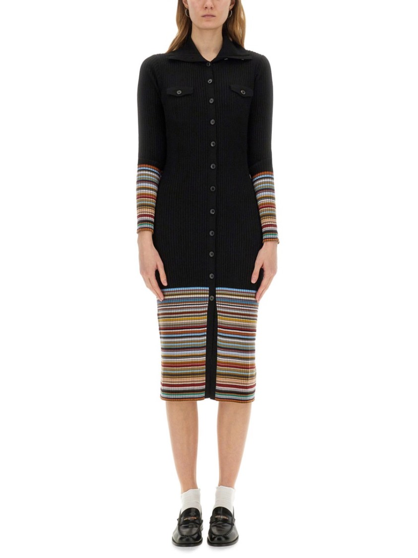 Paul Smith Ribbed Knit Dress With Button-down Front In Black