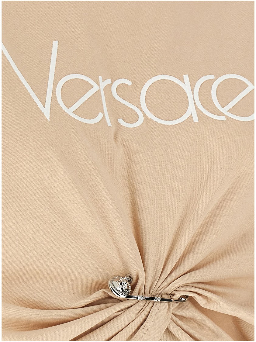 Versace Embroidered Logo T-shirt With Safety Pin Detail In White