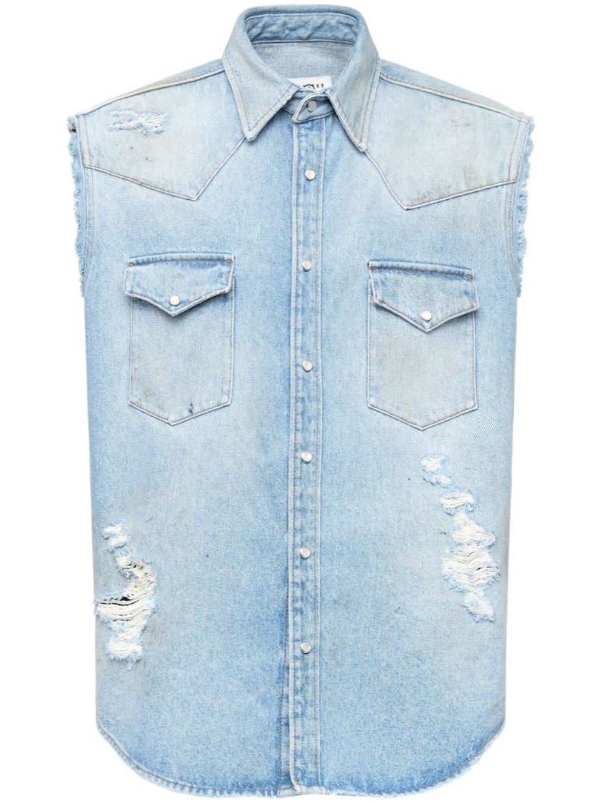 Tシャツ・カットソー MM6 MAISON MARGIELA SLEEVELESS DENIM SHIRT Mm6 By Maison Margiela Sleeveless Light Blue Denim Shirt