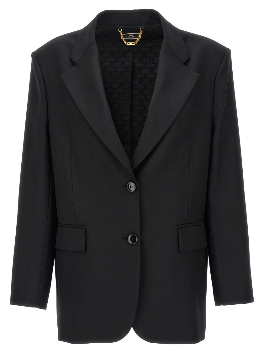 Elisabetta Franchi Double-breasted Wool Blazer With Flap Pockets In Black