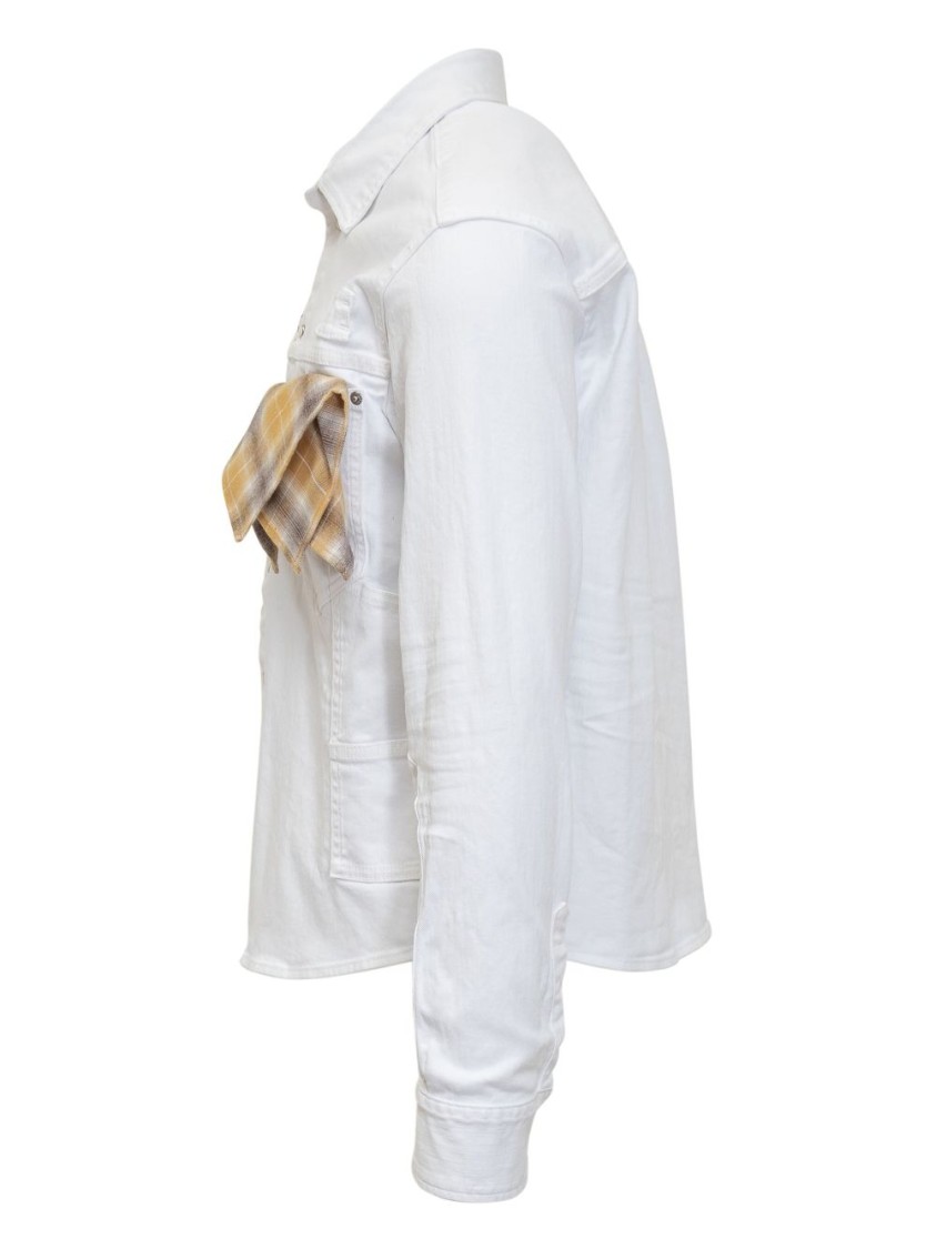 Dsquared2 White Cotton Denim Carpenter Shirt With Checked Pocket Square In White