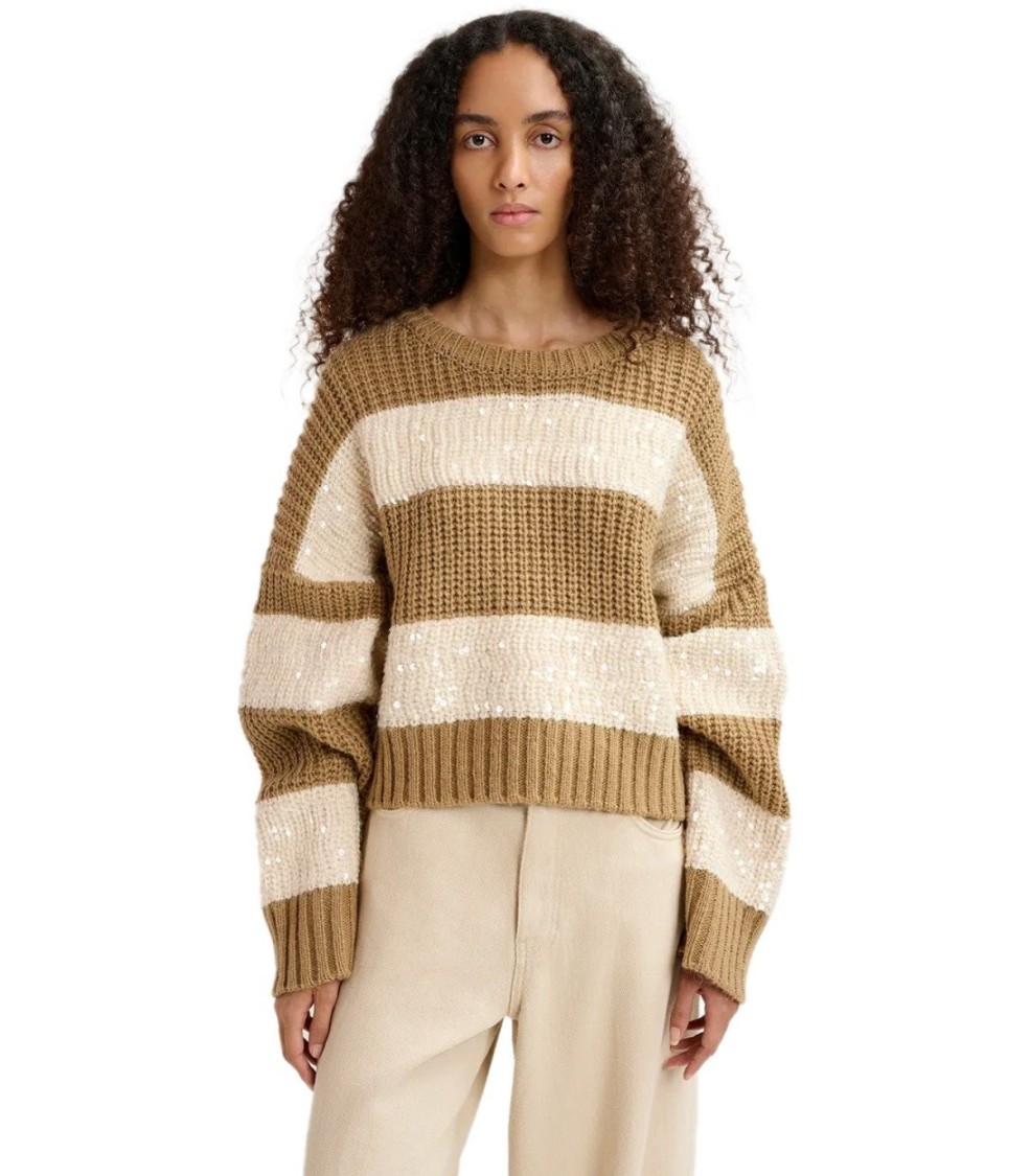 Essentiel Antwerp Group Knit Sequin Sweater In Brown Ecru In Neutrals