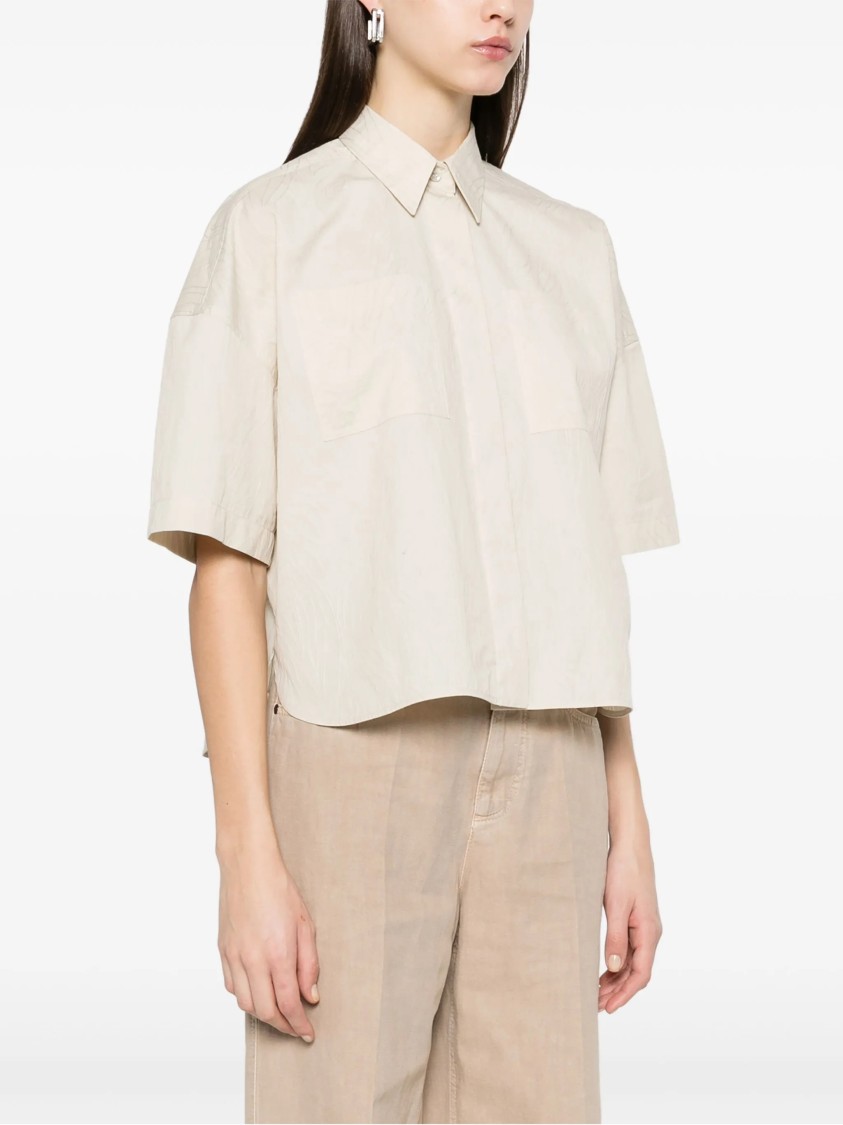 Brunello Cucinelli Short-sleeved Relaxed Fit Shirt With Textured Fabric In Neutrals