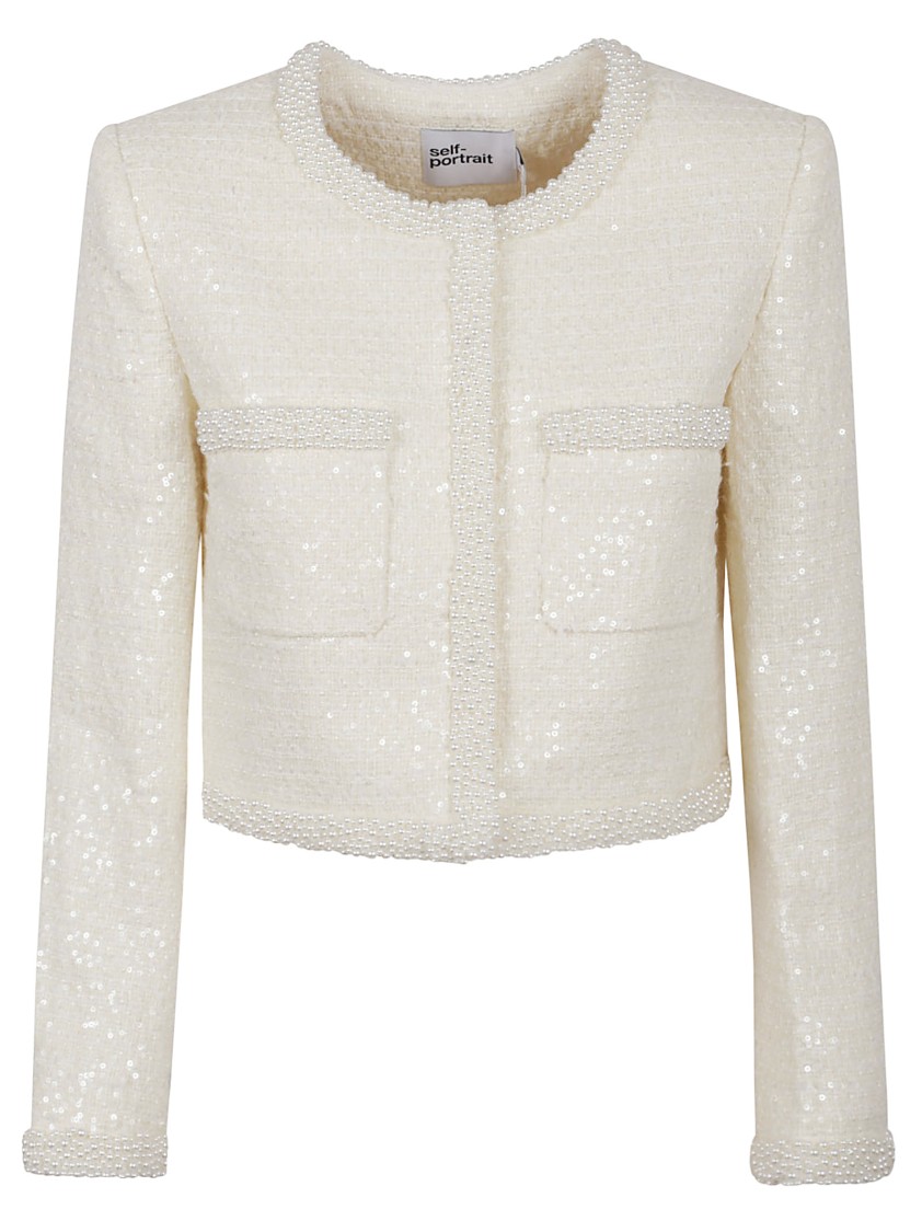 Shop Self-portrait Cream Boucle Pearl Trim Jacket In Neutrals