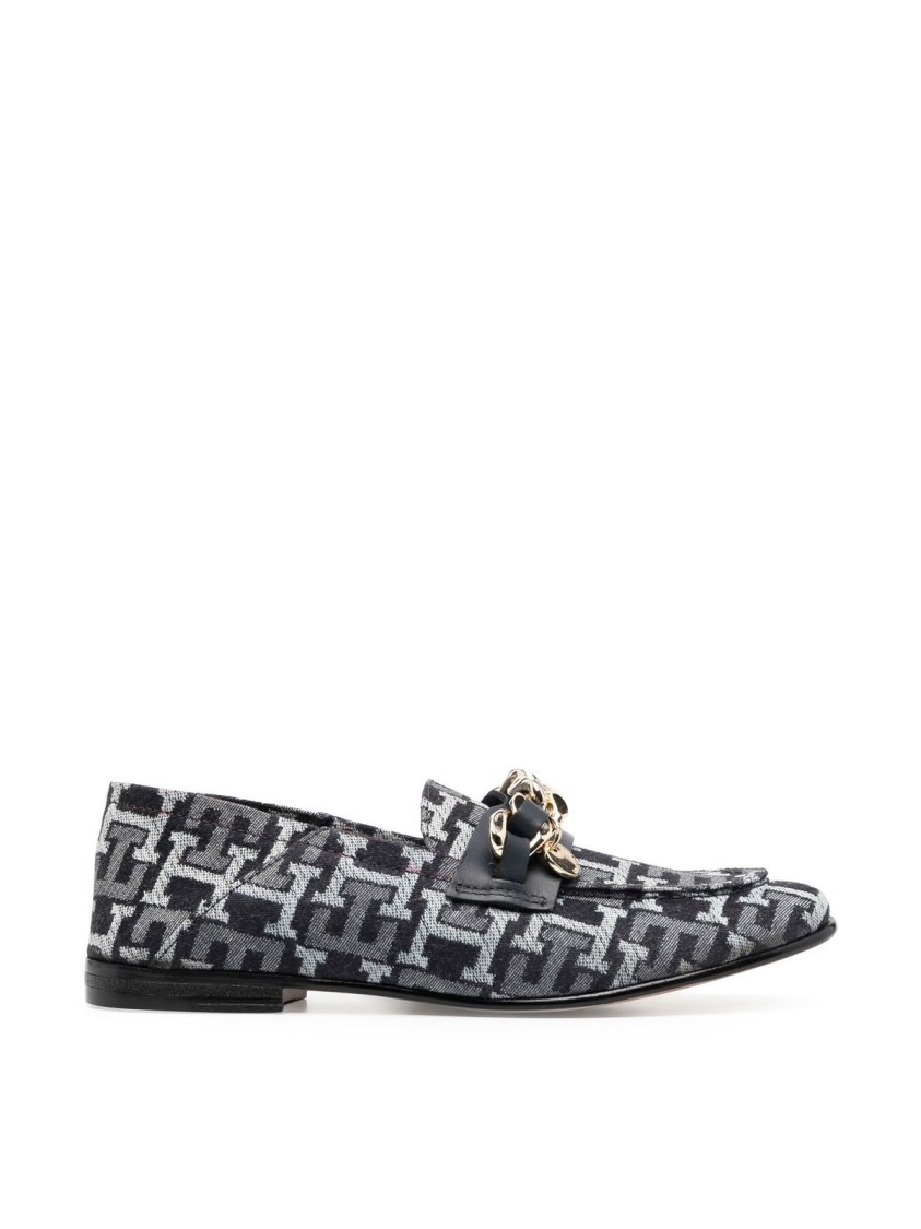 Tommy Hilfiger Chain Detail Monogram Denim Loafers In Gray