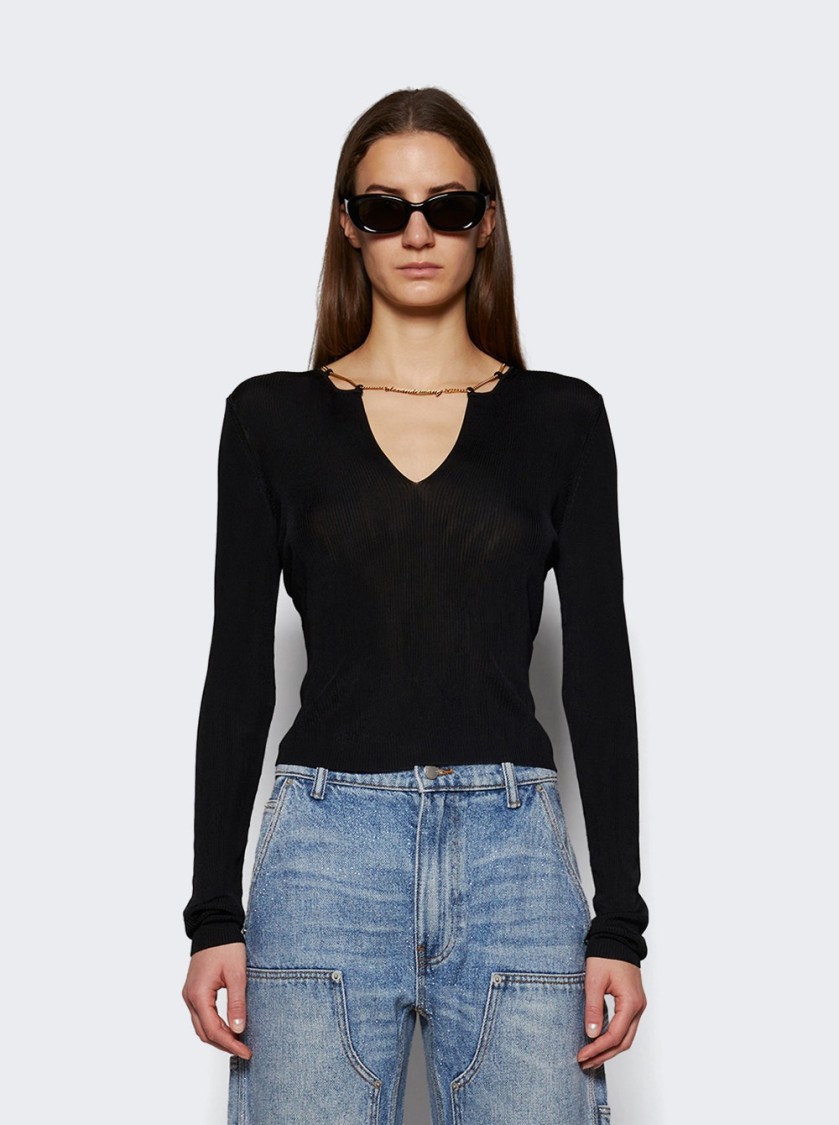Alexander Wang V-neck Cropped Sweater With Nameplate Chain In Black