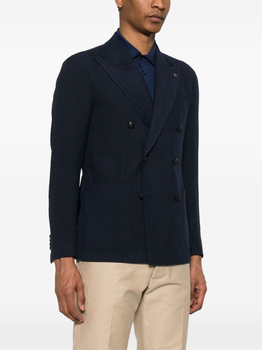 Shop Tagliatore Tailored Blue Double-breasted Jacket With Notched Lapel In Black