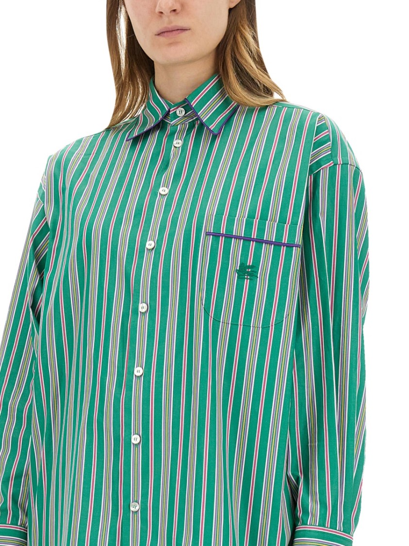 Etro Pocketed Collared Striped Long Sleeve Top In Green