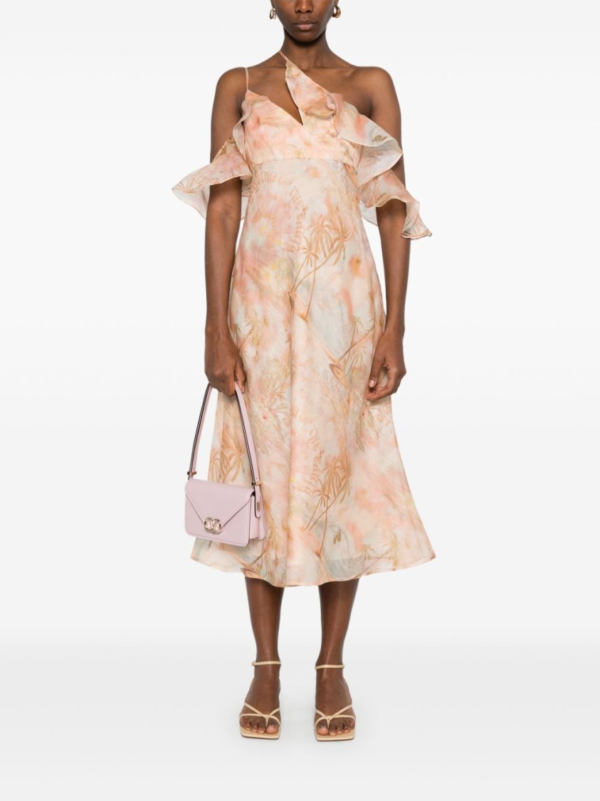Zimmermann Floral Print Midi Dress With Ruffled Sleeves In Neutral