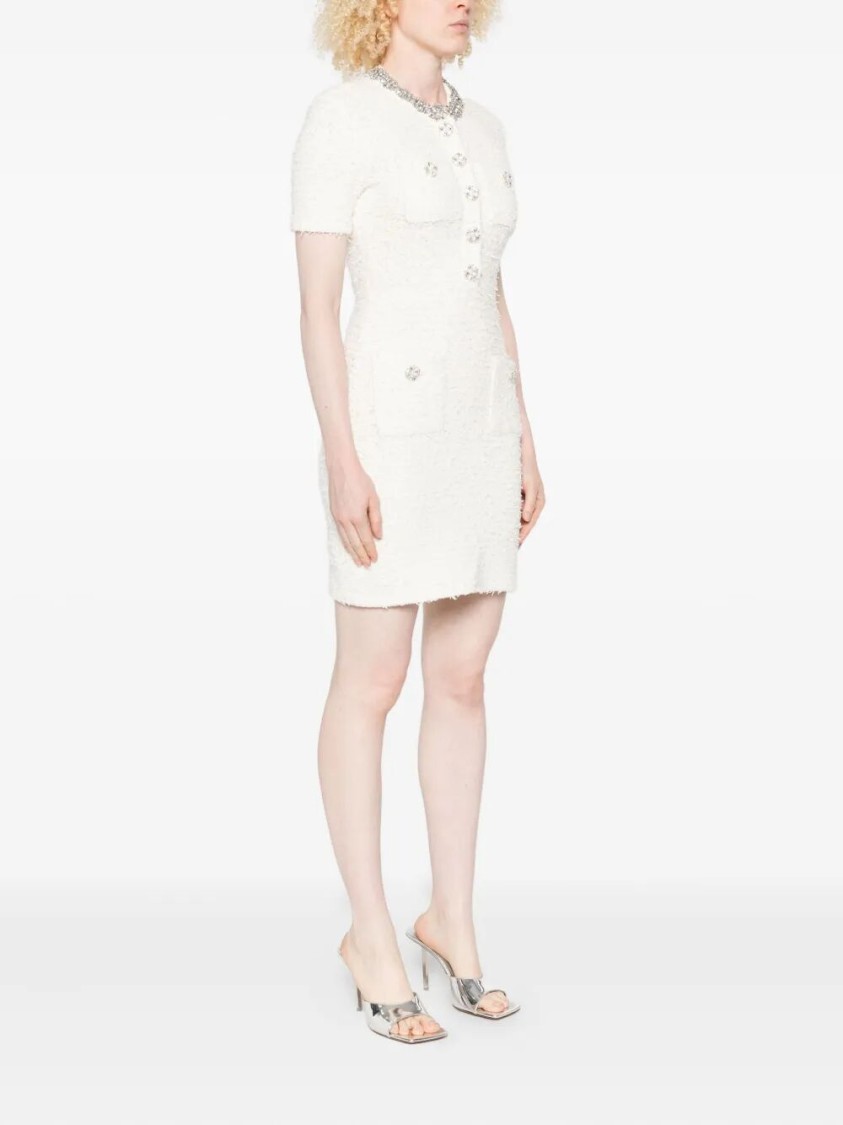 Self-portrait Mini Dress With Knit Tweed Texture And Crystal Accents In White