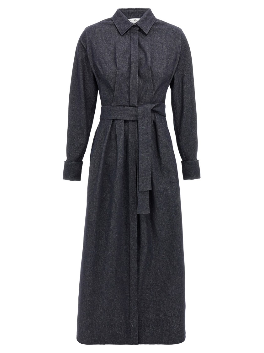 Max Mara Go Belted Waist Midi Dress With Long Sleeves In Blue